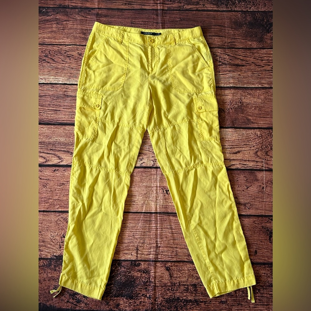 Lauren Ralph Lauren Womens Size 10 Yellow Cargo Capri Linen Pants Adult